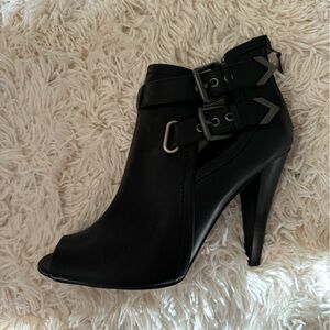 G by Guess Black Buckled Faux Leather Booties Peep Toe Boots